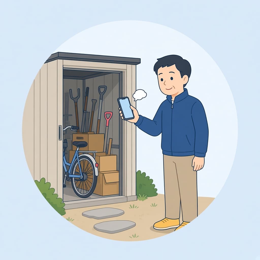 物置の中をスマートフォンで撮影して相談する男性