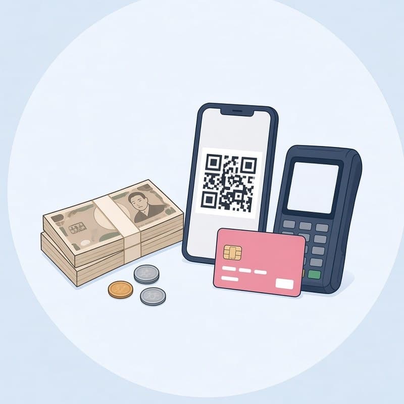 現金、クレジットカードと決済端末、QRコードを表示したスマートフォン