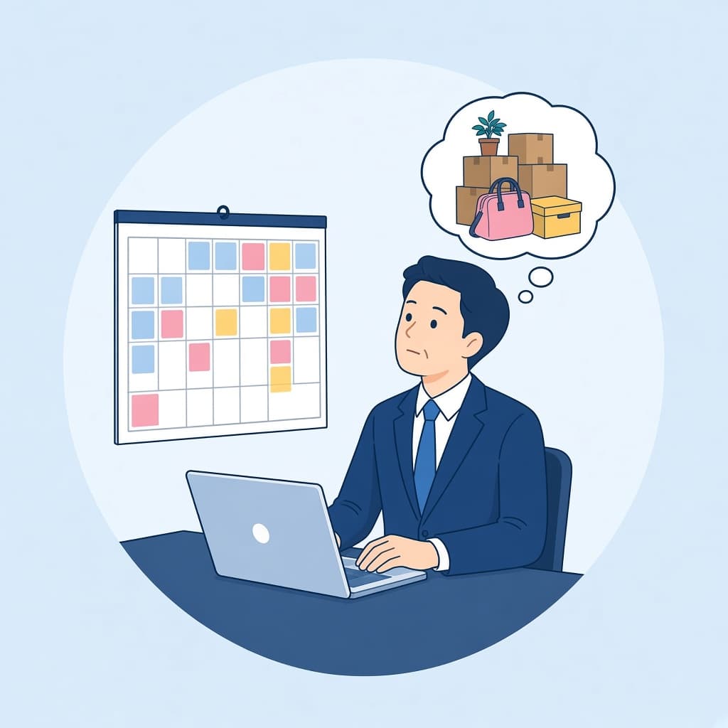予定の詰まったカレンダーを見ながら実家の片づけを気にする会社員