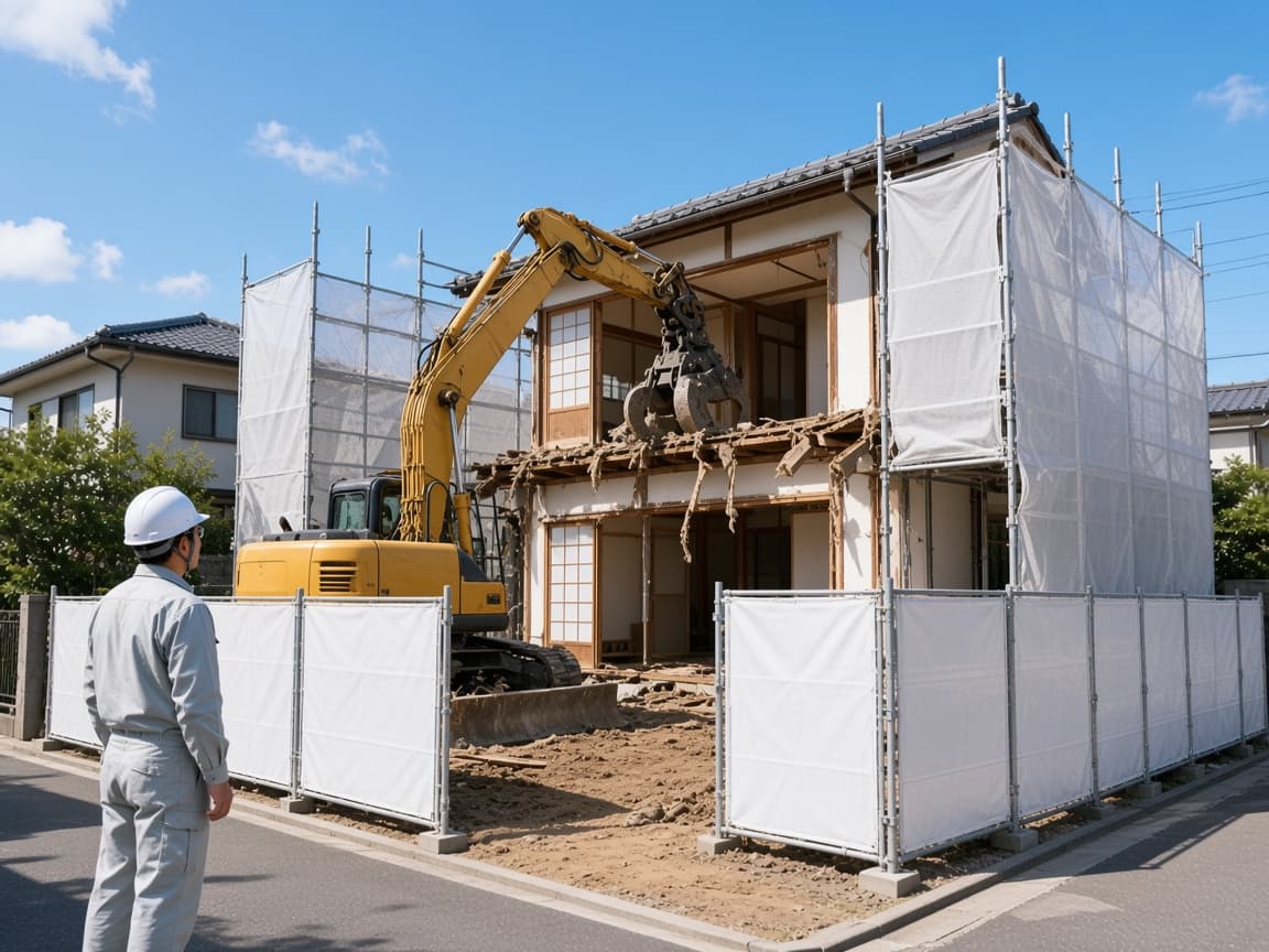 片づけ後の木造住宅を重機で解体している現場